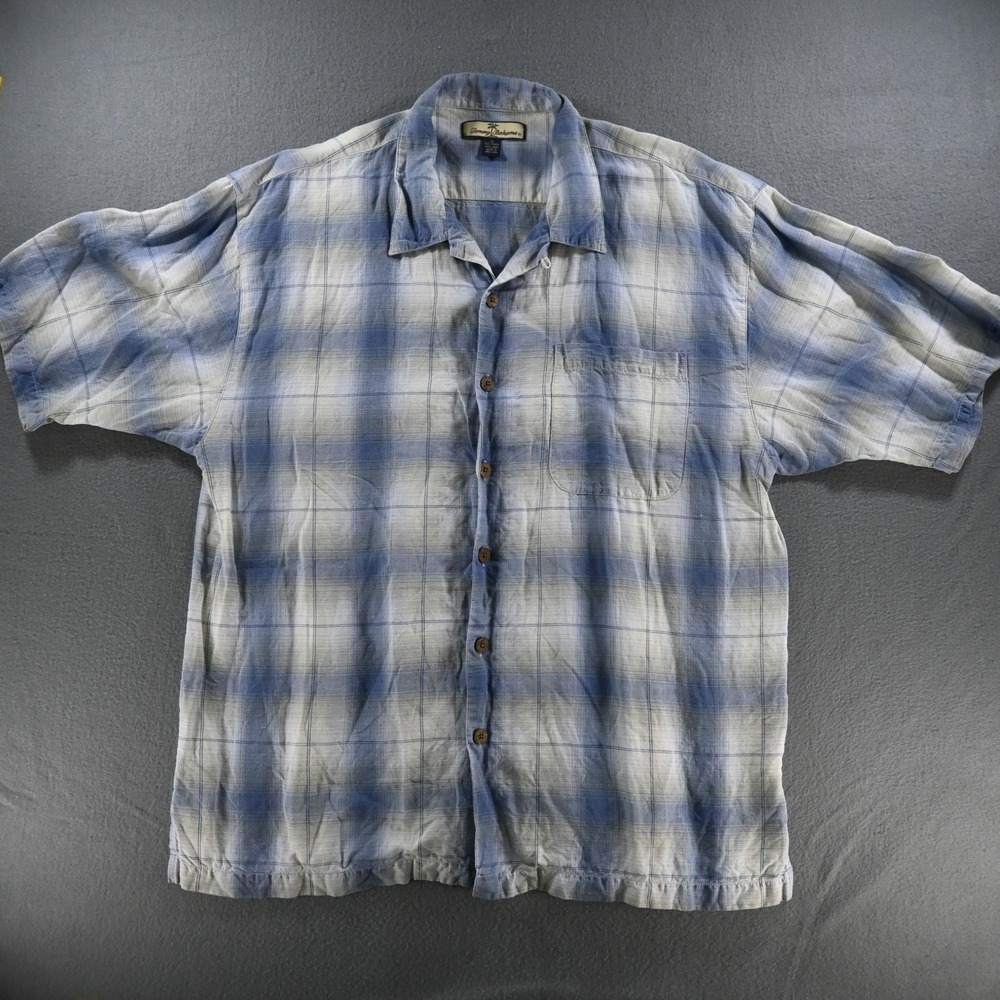 Tommy Bahama Mens Plaid Short Sleeve Button Up Shirt XL Blue Linen‎ Blend